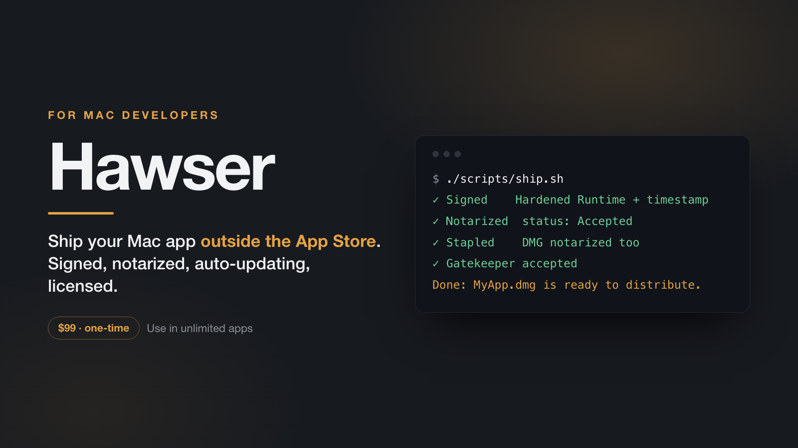 Show HN: Hawser – sign, notarize, DMG, auto-update and license a Mac app